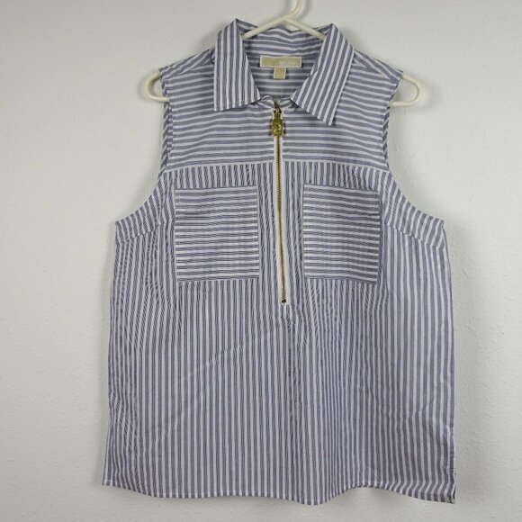 MICHAEL Michael Kors Tops - Michael Kors Sleeveless Top Women's Size L Blue Striped Front Zip